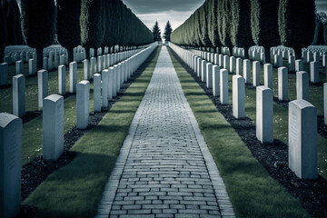 Tombstones on graves in an American cemetery. Generative AI