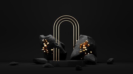 Exhibition dark podium, display with stones and gold crystals - 3d render. Mystical, magical, fantastic showcase for advertising and product presentation. Abstract platform with geometric objects.