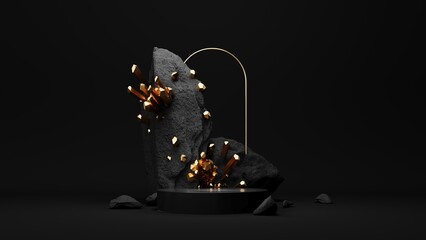 Exhibition podium, display with stones and gold crystals - 3d render. Mystical, magical, fantastic showcase for advertising and product presentation. Abstract platform with geometric objects.	
