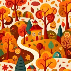 Trees and houses seamless pattern. Autumn, fall city landscape. Can be printed and used as wrapping paper, wallpaper, textile, fabric etc.