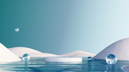 3d render of surreal landscape with round podium in the water and white sand. Podium, display on the background of abstract glass shapes and objects. Fantasy world, futuristic fantasy image.
