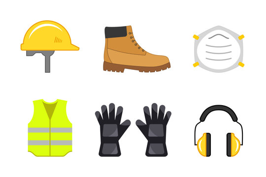 Work safety concept. Safety equipment color set. PPE, personal protection equipment. Construction industry. Protective helmet, mask, shoe, vest, gloves, headphones. Vector illustration, clip art.