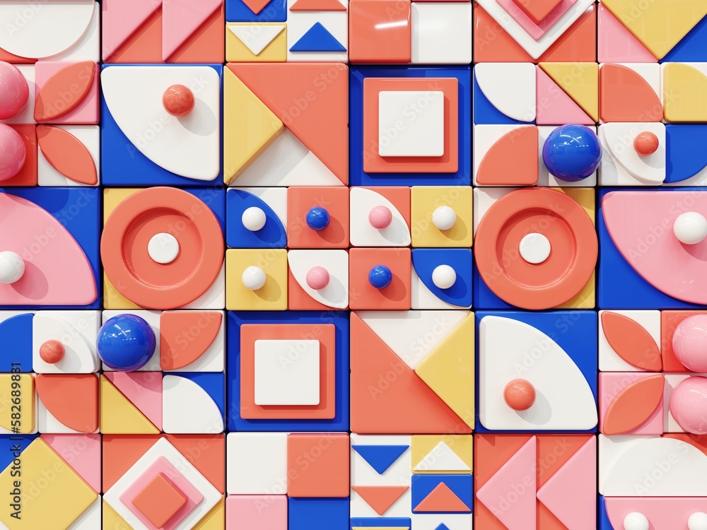 Poster 3d render of an abstract pattern in the 70s restro style, bauhaus. background of 3d simple shapes in