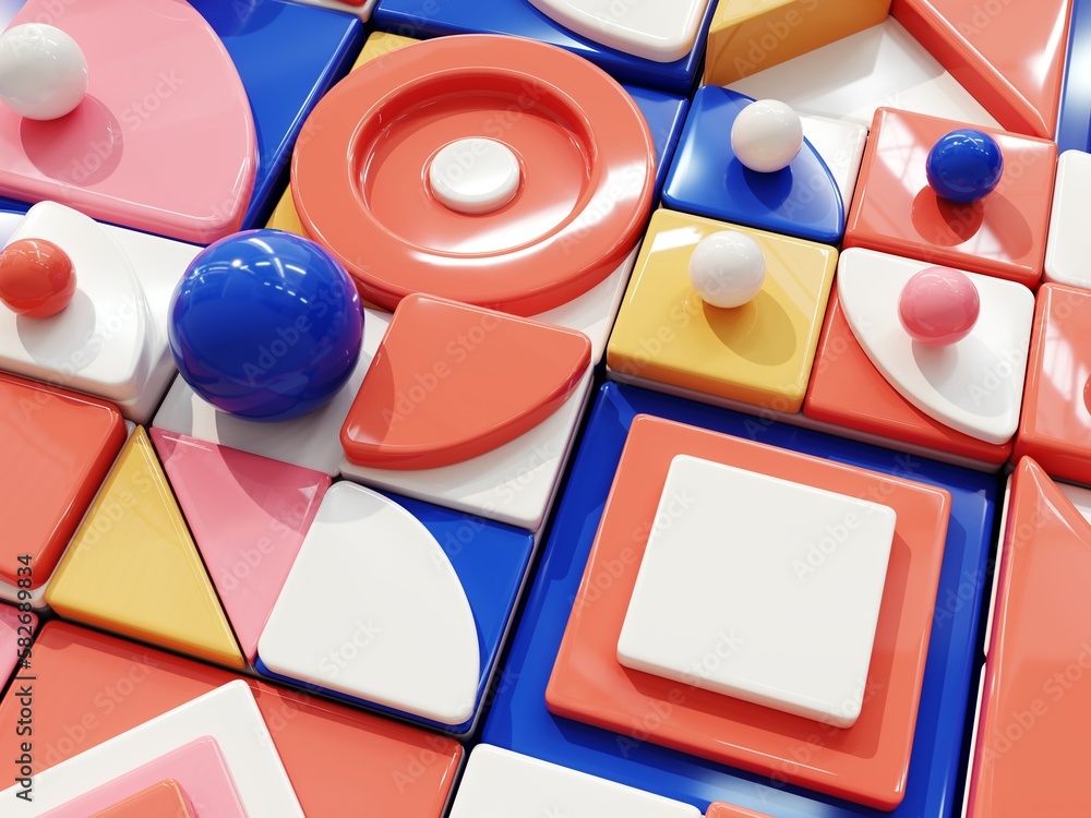 Poster 3d render of an abstract pattern in the 70s restro style, bauhaus. background of 3d simple shapes in