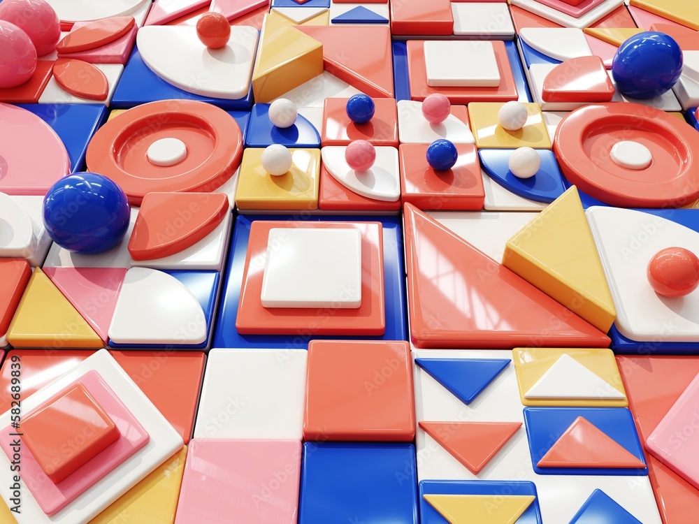 Aufkleber 3d render of an abstract pattern in the 70s restro style, bauhaus. background of 3d simple shapes in
