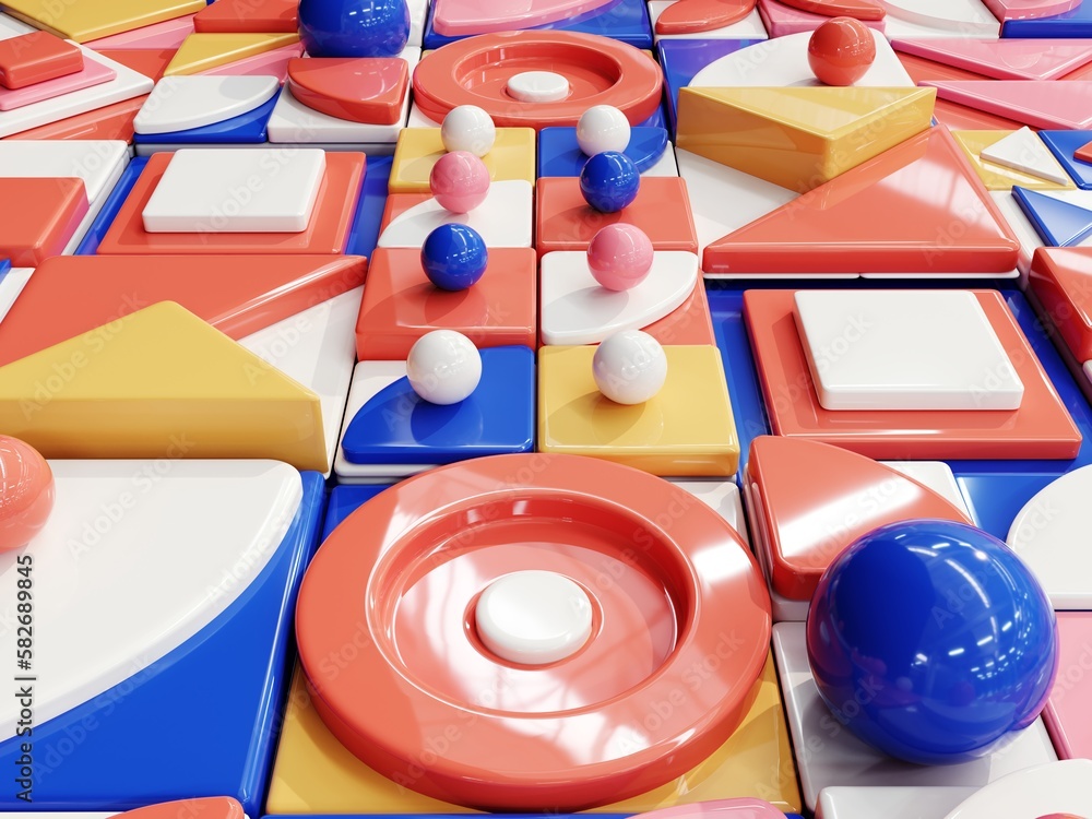 Poster 3d render of an abstract pattern in the 70s restro style, bauhaus. background of 3d simple shapes in