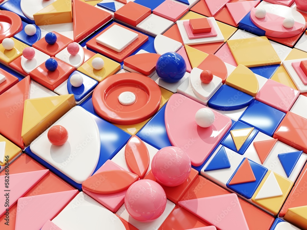 Poster 3d render of an abstract pattern in the 70s restro style, bauhaus. background of 3d simple shapes in