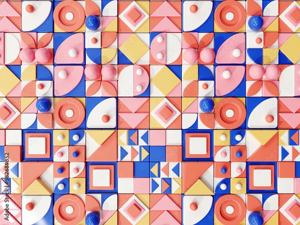 Poster 3d render of an abstract pattern in the 70s restro style, bauhaus. background of 3d simple shapes in