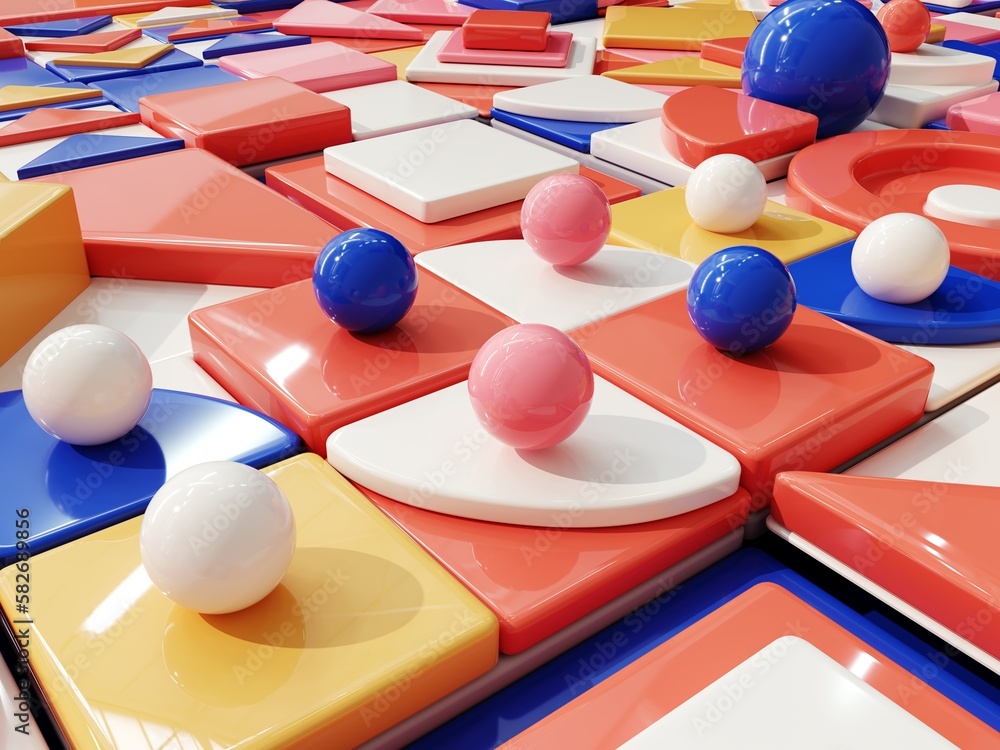 Poster 3d render of an abstract pattern in the 70s restro style, bauhaus. background of 3d simple shapes in