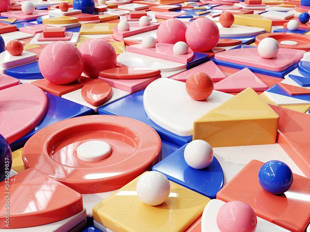 Poster 3d render of an abstract pattern in the 70s restro style, bauhaus. background of 3d simple shapes in