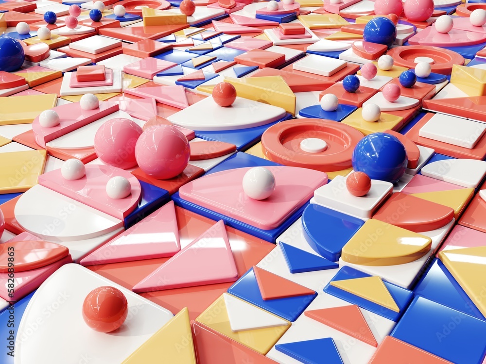 Poster 3d render of an abstract pattern in the 70s restro style, bauhaus. background of 3d simple shapes in