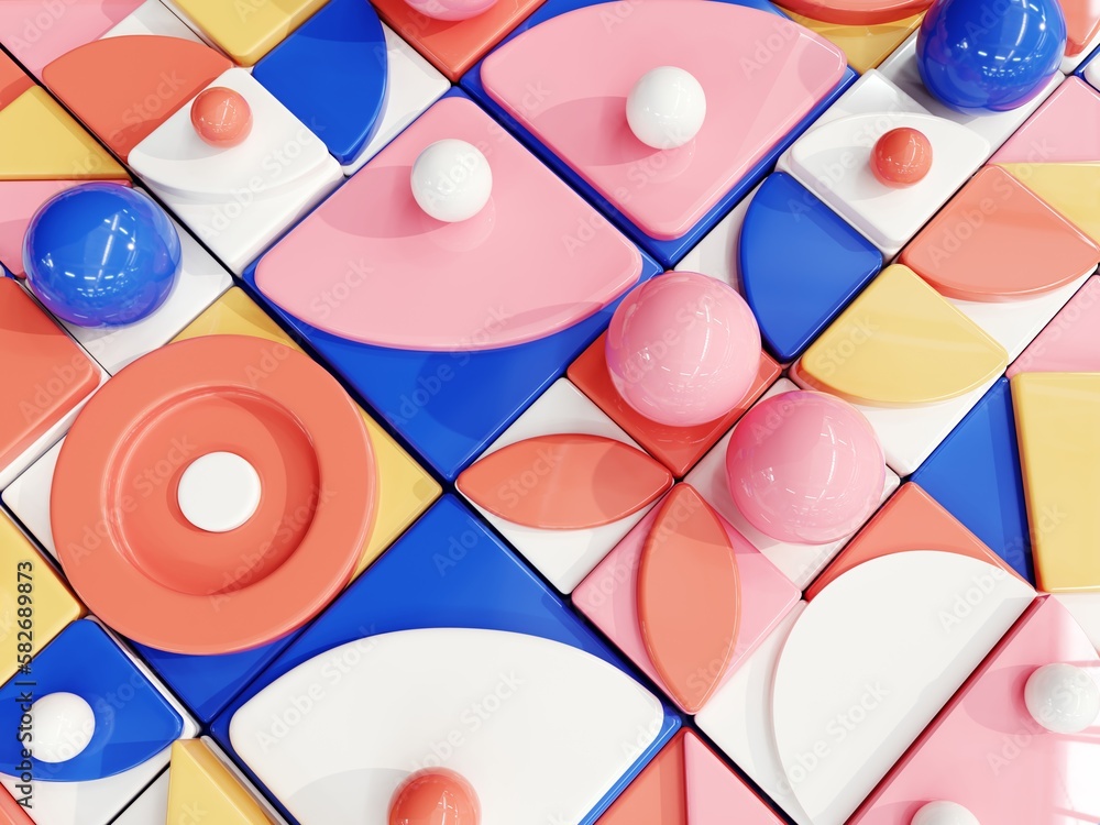 Poster 3d render of an abstract pattern in the 70s restro style, bauhaus. background of 3d simple shapes in