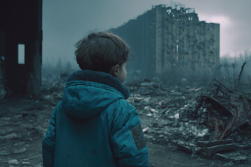 A child in a jacket stands on the street and looks at his ruined city. Generative AI.