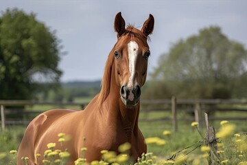 Horse in the pasture for a nature stroll. Generative AI