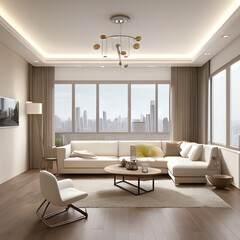 Fototapeta premium Modern interior of the living room with large panoramic windows and views of the skyscrapers of the metropolis