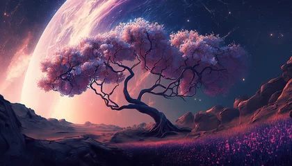 Foto op Canvas a lonely cherry tree in the space, epic scifi theme, generative ai technolgy © Sternfahrer