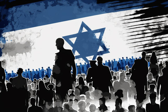 Silhouette of a crowd of people on the background of the flag of Israel. Generative AI