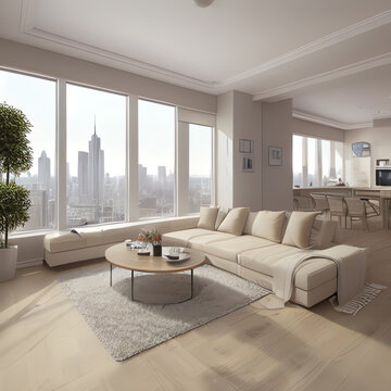 Modern interior of the living room with large panoramic windows and views of the skyscrapers of the metropolis