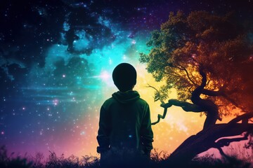 A kid wondering a magic tree, generative AI