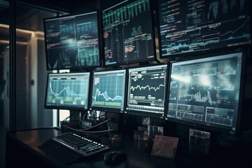 Naklejka premium Stock market monitors, generative AI