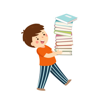 Vector cartoon little boy holding pile of books