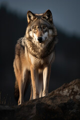 Fototapeta premium Lone wolf standing confident in evening sun, Generative AI