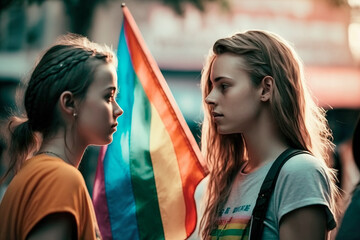 Two teenage girls proudly at LGBT Pride Parade. Young couple showing their support for love, inclusivity, and acceptance. Standing together for equality representing diverse community. Generative AI.