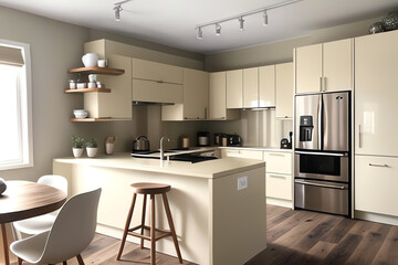 Fototapeta premium Modern kitchen interior in ligh cream colors. Generative AI