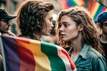 Two girls proudly waving rainbow flags at the LGBT Pride Parade. Young couple showing their support for love, inclusivity, and acceptance. Standing together for equality. Generative AI.