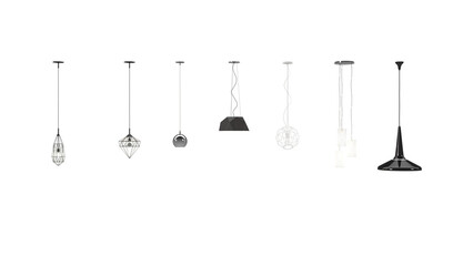 3d rendering PNG interior decor home light set, Set of different modern hanging lamps on white background