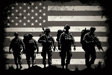 Silhouettes of soldiers on the background of the American flag. Generative AI