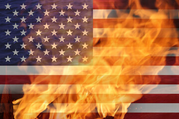 Protests in USA. USA flag background. American flag for Memorial Day or 4th of July. Banner for design, mock up. People riot street. Donald Trump. Fire and flame. Black lives matters - obrazy, fototapety, plakaty