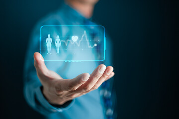 Concept of The technology to check health  male holding holographic icon user for looking  checking health.