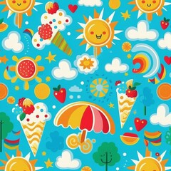 Abstract colorful summer pattern with hand drawn beach elements such as sunglasses, palm, watermelon slice, tote bag, umbrella, ice cream, waves, sand. Fashion print design. High quality illustration