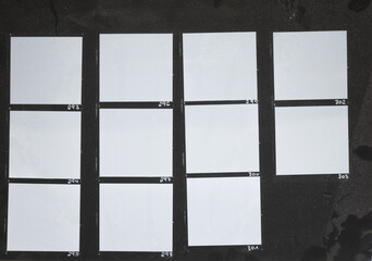 macro photo of black and white hand copy contact sheet with empty film frames. 6x6 medium format...