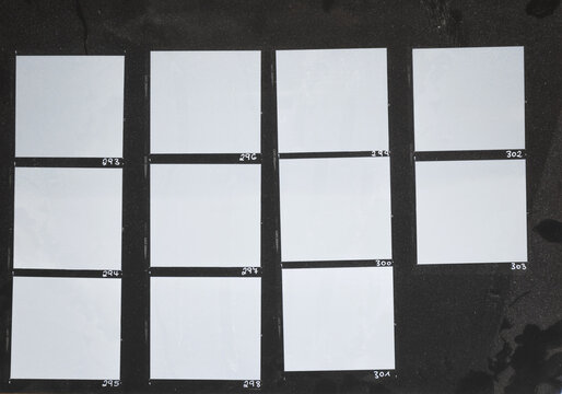 macro photo of black and white hand copy contact sheet with empty film frames. 6x6 medium format film photo placeholder. 