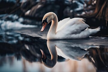 Reflection of white swan paws on ice. Generative AI