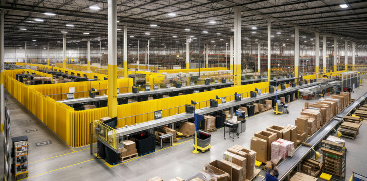 Large mail order firm shipping center or logistics center. Massive floor and storage space, multiple booths or sections for merchandise organizing. Generative AI. 