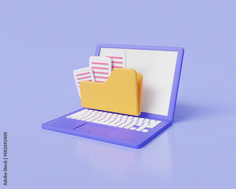 Fototapete 3d rendering illustration of portfolio folder icon with file document on laptop. computer folder, fo