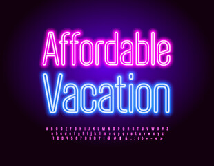 Obraz premium Vector business logo Affordable Vacation. Pink glowing Alphabet Letters, Numbers and Symbols set. Neon bright Font