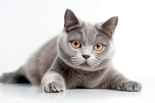 A adorable grey cat stretches its paws into the frame as it lies isolated on a white background. A photograph with selective focus. Generative AI