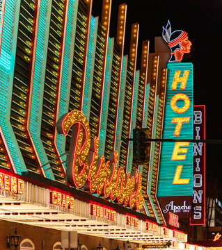 Las Vegas, United States - November 22, 2022: A picture of the neon signs at the Binion's Gambling Hall and Hotel and at the Hotel Apache.