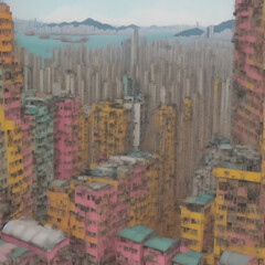 Generative AI, Abstract painting of city skyscrapers with Hong Kong as a blueprint
