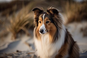 Fototapeta premium On a sandy beach, a stunning alert Shetland Sheepdog stands. Generative AI