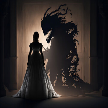 Silhouette of a Woman and Shadow of a Monster Generative AI