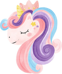 cute fancy sweet magical pink purple baby unicorn children cartoon kid watercolour hand painting illustration