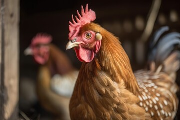 Close up of a hen in a henhouse with others in the background. Generative AI