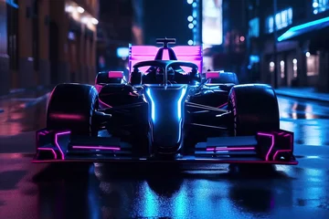 Stickers pour porte F1 A f1 futuristic car with leds a neons in a city at night with cyberpunk style. Concept: The future of the F1. Generative ai
