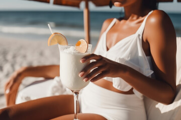 Beautiful black woman holding a pina collada cocktail while sitting in a sun lounger on the beach. Close-up of a hand holding a tropical drink. Photorealistic illustration generative AI. - obrazy, fototapety, plakaty