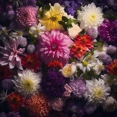 Top view of a garden flowers background: daisy, phlox, dahlias and others. Flower composition.